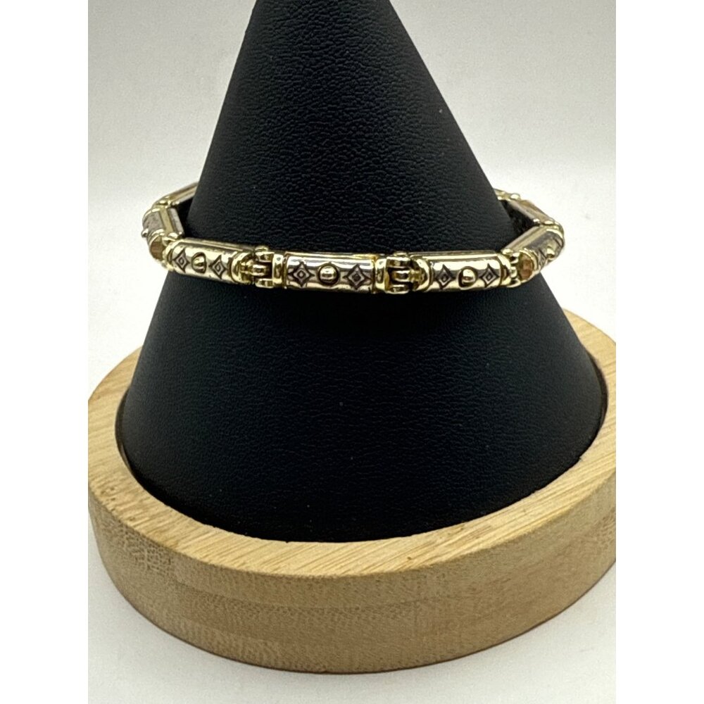Vintage Gold Silver Tone Bracelet Diamond Pattern Accents Fold Over Clasp Metal